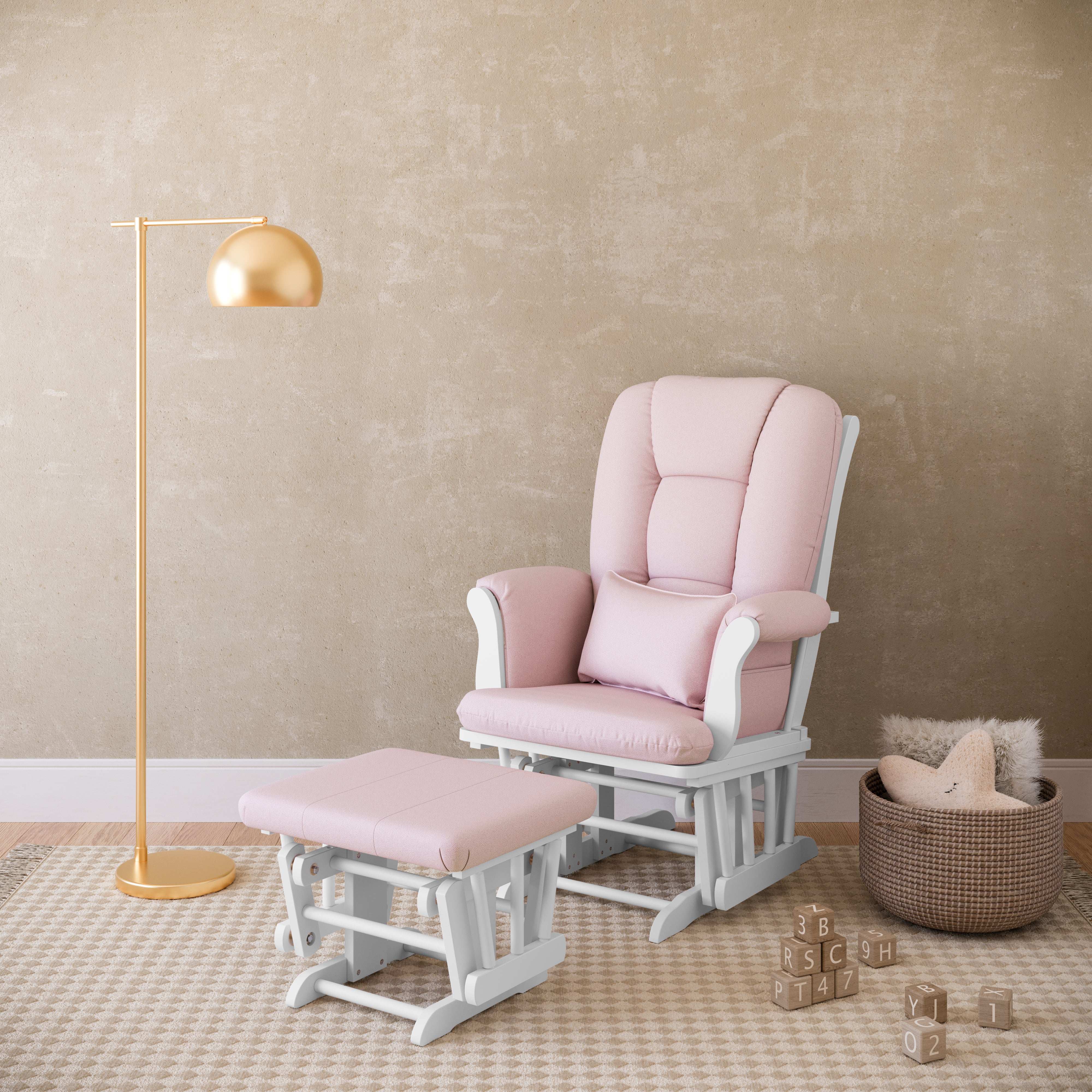Tuscany white with pink swirl glider and ottoman in a nursery