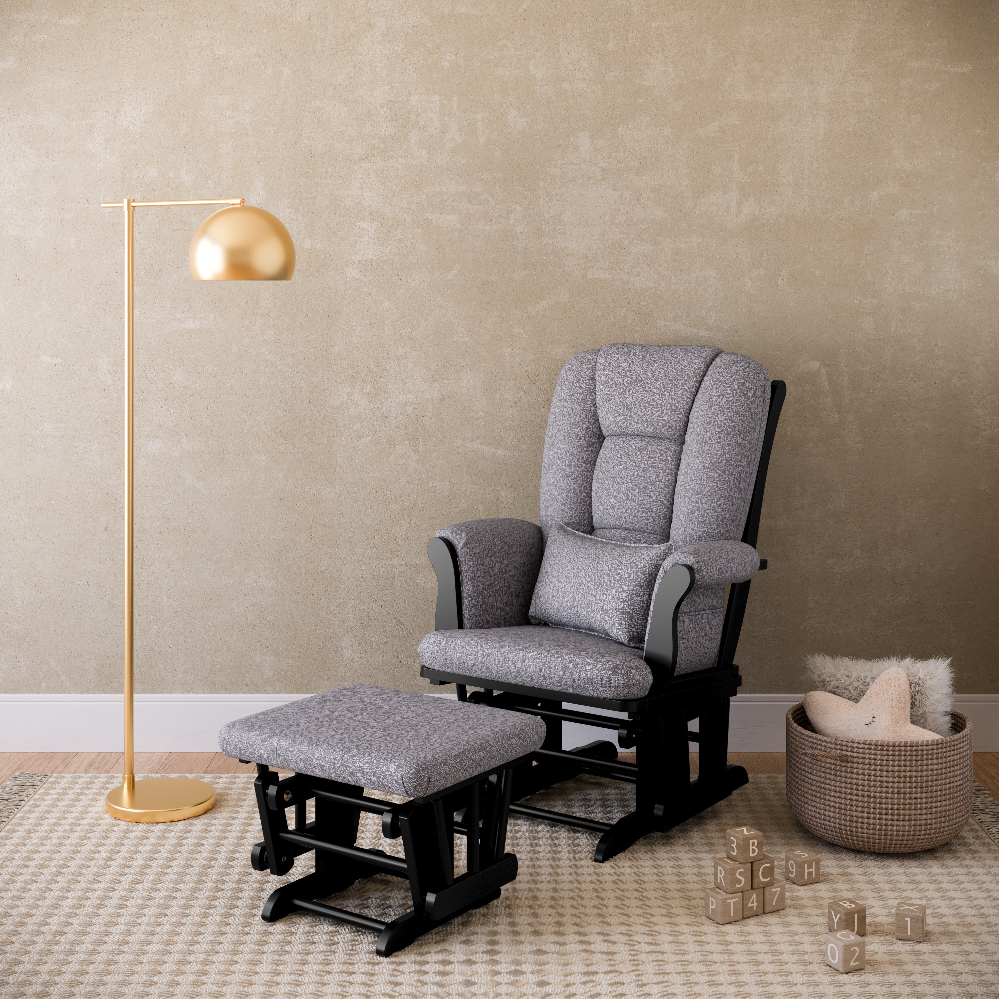 Tuscany black with gray swirl glider and ottoman in a nursery